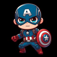 a cartoon character with blue eyes and a captain america costume on, holding a shield