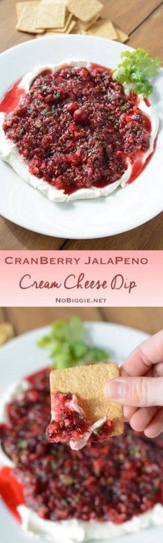 cranberry jalapeno cream cheese dip on a white plate