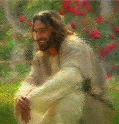 a painting of jesus sitting in the grass