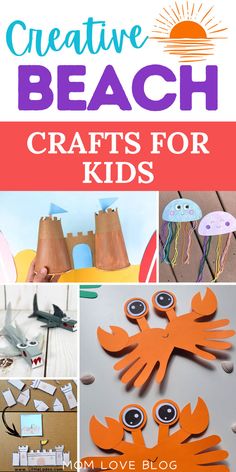 Collage of beach activities for kids, including indoor and outdoor activities, crafts, games, and art. Summer Beach Crafts, Preschool Beach Crafts, Beach Crafts For Toddlers, Beach Art Projects, Beach Crafts For Kids, Beach Crafts Diy, Summer Arts And Crafts, Beach Themed Crafts, Crafts For Toddlers