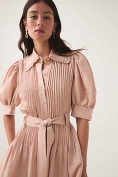 Madeleine Belted Midi Dress | Blush Pink | Aje – Aje ROW Frilled Shirt, Dress Blush Pink, Frill Shirt, Belted Midi Dress, Knit Jumpsuit, Pleated Bodice, Denim Accessories, Line Shopping, Dress With Belt