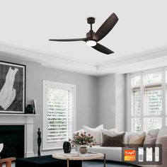 a living room with a couch, coffee table and ceiling fan