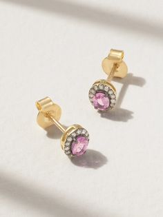 Inspired in more ways than one by jewelry worn in the ancient Indian royal courts, Amrapali London's earrings have been handmade using techniques dating back centuries. They're handcrafted from 18-karat gold and set with diamonds framing pink sapphires in rhodium- plated settings.. Elegant Pink Sapphire Jewelry With Halo Design, Elegant Pink Sapphire Halo Jewelry, Pink Sapphire Jewelry With Halo Design For Gifts, Elegant Gemstone Ceremonial Earrings, Gold Cluster Earrings With Rose Cut Diamonds, Elegant Ceremonial Gemstone Earrings, Traditional Oval Yellow Gold Earrings, Elegant Pink Sapphire Earrings For Wedding, Wedding Pink Sapphire Earrings