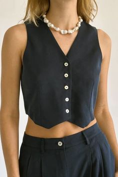 Crop Vest Top, Elegant Navy Sleeveless Top, Vest Crop Top Outfit, Elegant Cropped Blue Tops, Crop Vest Outfit, Vest Outfits Summer, Men's Suiting, Vest Tops Women, Crop Vest