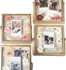 three frames with flowers and pictures in them on a white background, one is gold