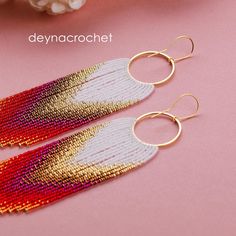 ALORA Collection Fringe Beaded Earrings by Deynacrochet Each pair is made by me by hand, carefully sorting the smallest seed beads.  Available and ready for shipping in 2-3 business days ★ Handwoven/handmade seed bead fringe earrings made with high quality Japanese glass beads ★ Colour: red, orange, pink, shine gold, white, bronze ★ Length - 14.5 сm / 5.71 inches (including ear wires). Due to handmade, the length may vary slightly. ★ Width - 3.5 сm / 1.37 inch ★ Silver gold plated (24K) earring Red Fringe Earrings, Red Beaded Fringe Earrings, Red Beaded Earrings, Jewelry For Bride, Red Bead Earrings, Earrings For Wedding, Wedding Jewelry For Bride, Bead Fringe, Beaded Fringe Earrings