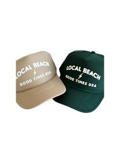 Local Beach Good Times USA Trucker Hat Beach days are the best days! This his or hers trucker is part of our Timeless Summer Collection. Cute and perfect for your next day in the sun. So light, medium profile and a perfect addition to your growing hat collection. 5 Panel Foam Mesh Back Trucker, Pro Style Adult Sizing 100% Poly Foam Front, 100% Nylon Back Summer Trucker Hat With Flat Brim, Trucker Baseball Cap With Curved Bill For Beach, Summer Trucker Hat With 5-panel Design, Summer Trucker Hat In 5-panel Style, Summer Trucker Hat 5-panel Style, Summer Trucker Hat 5-panel, Summer Travel Hat With Curved Bill, Spring Beach Trucker Snapback Hat, Trucker Snapback Hat For Beach In Spring