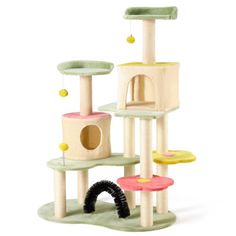 the cat tree is made from wood and has multiple levels to climb up it's sides