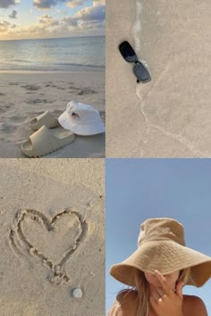 four different pictures with hats, sunglasses and shoes on the beach