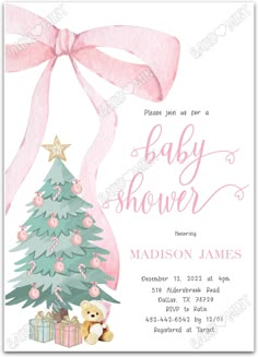 a baby shower card with a teddy bear next to a christmas tree and present box