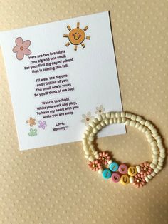 *These adorable matching mama and me back to school bracelets will make a perfect gift for your little ones first day back this fall *Please measure wrist before ordering *Please roll on rather than stretch on to prevent breaking *Color of letter and heart beads will vary *Set will come with printed letter from mommy(as shown).* *All sales are final as per shop policy, thank you for understanding Cute Bracelets For Mother's Day, Playful Personalized Beaded Bracelets, Everyday Playful Personalized Beaded Bracelets, Personalized White Name Bracelet For Teacher Appreciation, Customizable Cute Friendship Bracelets For Mother's Day, Cute Personalized Friendship Bracelets For Mother's Day, Cute Customizable Friendship Bracelets For Mother's Day, Cute Name Bracelet With Letter Beads For Mother's Day, Handmade Cute Name Bracelet For Mother's Day