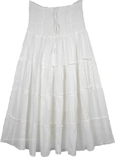 An elegant and chic cotton full long skirt for summer with patchwork in different types of white fabric from solid to eyelet to lace.  It is an harmonious blend of old west with contemporary fashion with tiers that add flare and flow to it. #tlb #Sleeveless #Patchwork #XLPlus #Misses #TieredSkirt #Maxi Skirt #Peasant #vacationclothing #Solid Summer Tiered Maxi Skirt With Lace Patchwork, Tiered Maxi Skirt With Lace Patchwork For Summer, Summer Tiered Skirt With Lace Patchwork, White Tiered Skirt With Lace Patchwork, Summer Lace Patchwork Maxi Skirt, Flowy White Skirt With Lace Patchwork, White Tiered Gathered Maxi Skirt, White Tiered Cotton Skirt, White Tiered Skirt With Lace Trim