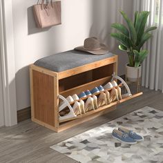 a wooden shoe rack with six pairs of shoes on it in front of a window