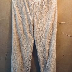 Elan Lined Lace Pants. Never Worn Full Length Lace Pants, Spring Lace Long Pants, Spring Lace Trousers, Lace Trousers For Spring, Non-stretch Lace Pants For Spring, White Lace Casual Pants, Spring Full Length Lace Bottoms, Casual Lace Wide Leg Bottoms, Lace Pants