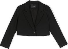 Trendy Cropped Outerwear For Formal Occasions, Trendy Cropped Formal Blazer, Trendy Cropped Blazer For Formal Occasions, Black Long Sleeve Cropped Jacket For Business, Black Cropped Blazer For Party, Black Cropped Blazer With Button Closure, Chic Black Cropped Jacket With Suit Collar, Classic Black Cropped Blazer, Black Cropped Jacket With Button Closure