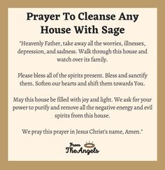 a prayer card with the words, pray to cleanse any house with sage on it