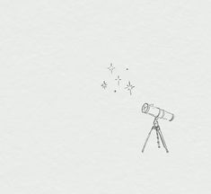 a black and white drawing of a telescope on a tripod with stars in the sky