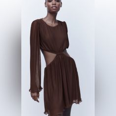 Zara Brown Cutout Dress Sz S Zara Printed Dress, Rustic Dresses, Zara Maxi Dress, Zara Black Dress, Black Dress With Sleeves, Brown Long Sleeve, Embroidered Midi Dress, Mini Sundress, Column Dress