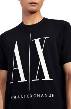 A statement-scale A/X logo dominates the front of a tee made of soft cotton to bring exceptional comfort to the standout look. Crewneck Short sleeves 100% cotton Machine wash, tumble dry Imported Casual Spring T-shirt With Logo Detail, Classic Logo Print T-shirt For Spring, Classic Logo Crew Neck Tops, Modern Crew Neck Top With Logo, Cotton Graphic Tee With Logo Detail, Spring Casual T-shirt With Logo Detail, Spring Cotton Tops With Logo Detail, Sporty Cotton Tops With Logo, Modern Logo Tops For Summer