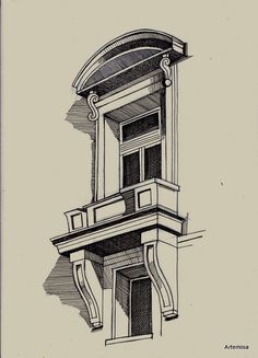 a drawing of a building with an arched window and balcony above the door, on a beige background