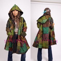 Handmade Hippie Jacket with hoodie features multiple prints and woven on colored patches of fabric carefully sown together. There is hoodie and zip in the front. 2 pockets in front. These jackets are made with high quality Cotton from Nepal. On the inside of the jackets is fleece lined it will keep you warm and comfy on the coldest days. Handmade in Thailand. Measurements: One size fit most figure. The model height 5'6 Bust 48 inches max (measure with the zip closed) Length 37 inches. Sleeve 24 Hippie Winter Outfits, Colorful Boho Fashion, Off White Wedding Dresses, Hippie Hoodie, Hippie Jacket, Maxi Skirts Summer, Boho Patchwork, Patch Jacket, Handmade Patch