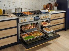 48" Freestanding Dual Fuel Range with 6 Sealed Burners, Continuous Grates, 8 Cooking Modes, 7-inch Touchscreen Control, True European Convection Oven, Sabbath Mode, and 12-inch Griddle: LP, Stainless Steel, Standard Trim. With 15,000 BTUs the griddle is great for searing filets, making grilled cheese sandwiches, or pancakes. Offer unmatched versatility and control on every burner, from extra-high sear - up to 25,000 BTUs in NG and 24,000 BTUs in LP - to an ultra-low warm of 500 BTUs on all burners. Oversized True Convection electric ovens that offer even and consistent multi-rack cooking. Including Bake, Convect Bake, Roast, Convect Roast, Convect, Broil, Proof, and Dehydrate, plus Sabbath setting and temperature probe. Intuitive color 7" touchscreen control with Quick Start™ cooking in 3 Making Grilled Cheese, Chef Inspiration, Dual Fuel Ranges, Kitchen Inspiration Design, Convection Oven, Kitchen Equipment, Holiday Cooking, Commercial Kitchen, Custom Kitchen