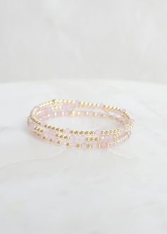 "❖Lyla | Brooke | Claire❖ * Your new favorite bracelets! Delicate and minimalistic, perfect for stacking! ‣ This listing is for a single bracelet or stack of three. ‣ Buy more, save more - applied at checkout      * 3 10% off      * 5, 15% off      * 7, 20% off ‣ These bracelets features: * 4mm Gemstones * 3mm 14k Gold Filled Beads  * 1-5mm 14k Gold Filled Bead *Beads in varying order according to bracelet selection labeled in photos* Julisa Bracelets Feature:  ‣ Tight/Sturdy elastic, pre-stretched to prevent bracelet from stretching out ‣ Sizing according to wrist size ‣Sizing Tips:  Please measure your wrist for the best fit!  *Using a soft tape measure/string, measure around your wrist, above the wrist bone *Add length according to your desired fit:       * 0\" - fitted, snug      * .25 Beaded Stack Bracelets, Good Bracelet Stack, Bead Bracelet Stack Ideas, Necklace Aesthetic Gold, Trendy Beaded Bracelets, Bracelets Delicate, Etsy Bracelets, Fantasy Earrings, Necklace Aesthetic