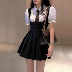 100% Brand New and High Quality.  Material: Polyester, Cotton.  Size:  As shown on size chart. Includes: white shirt + dress skirt Korean Pleated Skirt Outfit, Kawaii Vintage, Preppy Mode, Stile Preppy, Vetements Clothing, Black Pleated Dress, Vintage Preppy, Estilo Preppy, Formal Outfits