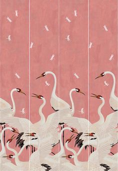 four white birds with long necks are standing in front of a pink background and some smaller birds flying around