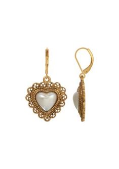 Crafted with an impeccable attention to detail, these earrings showcase a delicate 14k gold dipped heart-shaped framework adorned with intricate filigree accents. | 1928 Jewelry Heart Shaped Faux Pearl Lvrbk Earrings, White 1928 Jewelry, Jewelry Heart, Fashion Jewelry Earrings, Earrings White, Gold Dipped, Brass Metal, Heart Jewelry, Gold Tone Metal, Faux Pearl