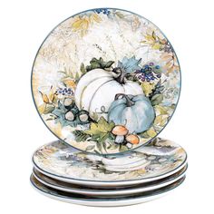 PRICES MAY VARY. Includes: Harvest Gatherings 9" Salad/Dessert Plates, Set of 4 9" Diam x .75" Made From Durable Earthenware Perfect for Entertaining or Everyday Use Dishwasher & Microwave Safe for Reheating Only Salad Dessert, Ceramic Dinnerware, Pie Dessert, Pie Plate, Fall Table, Dessert Plates, Dessert Bowls, Plates Set, Pumpkin Design