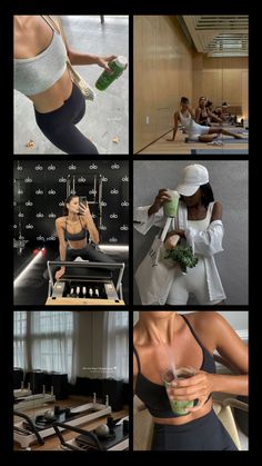 a collage of photos showing women doing different things in the same room, and one woman holding a bottle