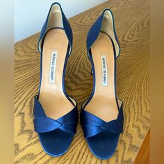 Never Worn Beautiful Blue Satin Manolo Blahnik D’orsay Heels With Open Toe. Bought These To Wear For My Wedding But Ended Up Going With Another Pair. Elegant Blue Wedding Shoes For Evening, Elegant Blue Open Heel Wedding Shoes, Elegant Blue Wedding Shoes With Open Heel, Blue Open Heel Wedding Shoes For Evening, Blue Fitted Heels For Gala, Evening Wedding Shoes With Wrapped Heel, Fitted Wedding Shoes With Sculpted Heel For Evening, Formal Wedding Shoes With Padded Heel, Chic Blue Wedding Shoes For Evening