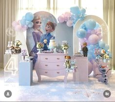 a room with balloons and decorations on the walls, including a dresser in front of it