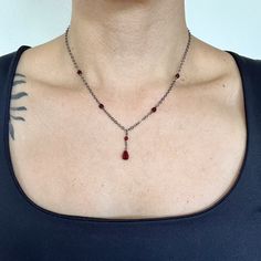 Elegant red crystal pendant necklace with black and red or all red crystal accents. Variations include red/black on gunmetal grey chain, all red on gunmetal grey chain,  red/black on gold plated chain, all red on gold chain. Affordable Red Spiritual Necklace, Red Necklace Aesthetic, Red Accent Outfit, Red And Silver Jewelry, Dark Red Jewelry, Black And Red Necklace, Red Pendant Necklace, Red Crystal Necklace, Red Beaded Necklaces