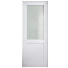 a white door with frosted glass on the front and side panels, against a white background