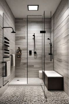 Spa-like bathroom shower with rainfall showerhead and designer tiles Modern Stand Up Shower Ideas, Shower Door Ideas Walk In, Rainshower Bathroom, Modern Shower Tile Ideas, Small Walk In Shower Ideas, Modern Bathroom Remodel Ideas, Modern Shower Tile, Rain Shower Bathroom, Modern Bathroom Remodel