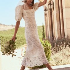 Brand New W Tags Saylor Keaton Lace Dress Fully Lined Zipper At Center Back No Stretch Sold Out Online! Perfect For A Bridal Shower! Bhldn Dress, Beautiful Beautiful, Column Dress, Lace Midi Dress, Rehearsal Dinner, Striped Tee, Beautiful Dress, Crochet Lace, Midi Length