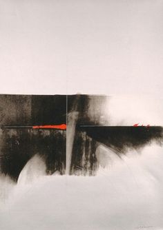 an abstract painting with black and white colors, red accents on the bottom half of it