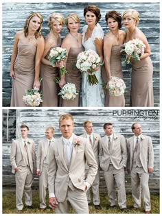 the bride and groomsmid are posing for pictures in front of a wooden wall