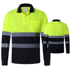 PRICES MAY VARY. ★Material:Safety long sleeve reflective shirts are made with 100% high visibility polyester,treated with moisture wicking,sweat wicking ,breathable ,quick dry ,visible ,lightweight and comfortable . ★Contrast Rib collar you can put up to keep sun off your neck; CONTRAST Navy Bottom to Help Hide Wear and Dirt &Trim Three Button Placket & One chest pocket. ★Underarm Vents:Keep breathable and cooling when work in hot weather. ★Reflective in Day&Night:Highly Reflective Strips wrap a Motorcycle Safety Gear, Motorcycle Safety, Safety Work, Fluorescent Yellow, Safety Gear, Tennis Shirts, Construction Work, Protective Clothing, Find People