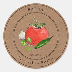 the label for salsa is shown with an image of a tomato and garlic on it