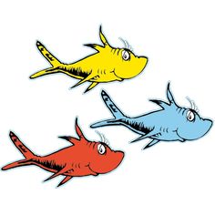 three cartoon fish with different colors and sizes