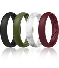 four different colored rings with black, white and red bands on each one ring is shown