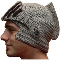 a man wearing a knitted hat with buttons on the front and side of his head