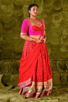 Crimson red lehenga with gold zari beaten hand embroidery. Paired with a pink embroidered blouse and fan pleat trimmed embroidered dupatta. - Aza Fashions Navratri Festive Choli With Zari Weaving, Festive Navratri Choli With Zari Weaving, Festive Choli With Pallu In Traditional Drape, Festive Choli With Traditional Drape And Pallu, Festive Traditional Drape Choli With Pallu, Festive Choli With Traditional Drape For Diwali, Festive Choli With Traditional Drape, Festive Fitted Choli With Zari Weaving, Festive Traditional Drape Choli For Diwali