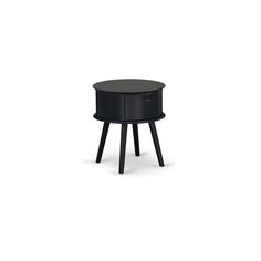 a small black table with two legs and a round top on the bottom, in front of a white background