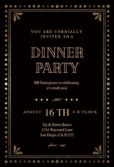 a black and gold dinner party card with an ornate frame on the front, in white lettering