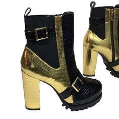 Women’s “Black And Gold” Heeled Boots. These Boots Are Made Of A Patent Leather. It Is Snakeskin Textured. Sizes 7.5, 8.5, And 9. New In Box . Great Quality. Gold And Black Boots, Glamorous Platform Boots For Fall, Bold Leather Platform Boots For Party, Bold Heeled Boots For Fall Party, Black Heeled Boots With Metal Feet For Party, Bold Round Toe Platform Boots For Party, Bold Block Heel Party Boots, Bold Party Boots With Block Heel, Gold Heels For Winter Night Out