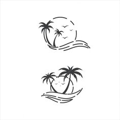 two palm trees on the beach with waves